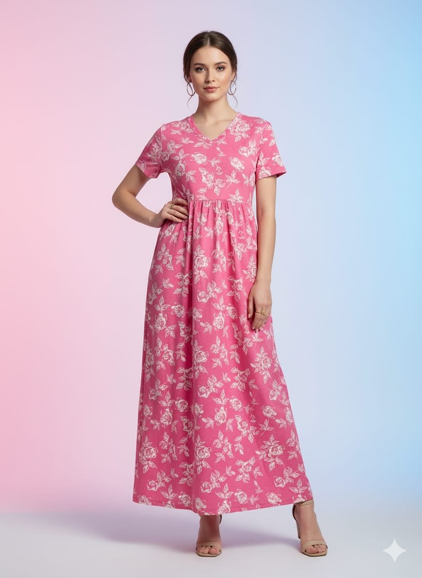 Pink Colour V-Neck Maxi