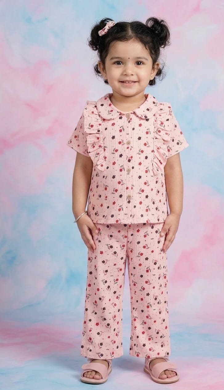 Peach Pink Floral Print Frills Top